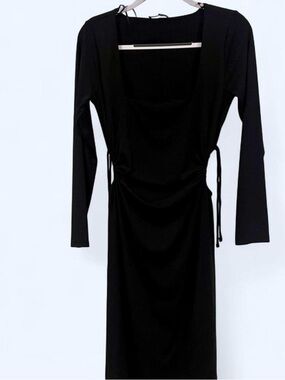 Zara Black Long Sleeve Midi Dress with Side Tie Detail